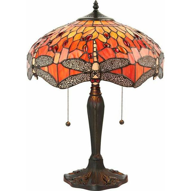 Tiffany Glass Table Lamp Light Dark Bronze Base & Orange Dragonfly Shade i00197