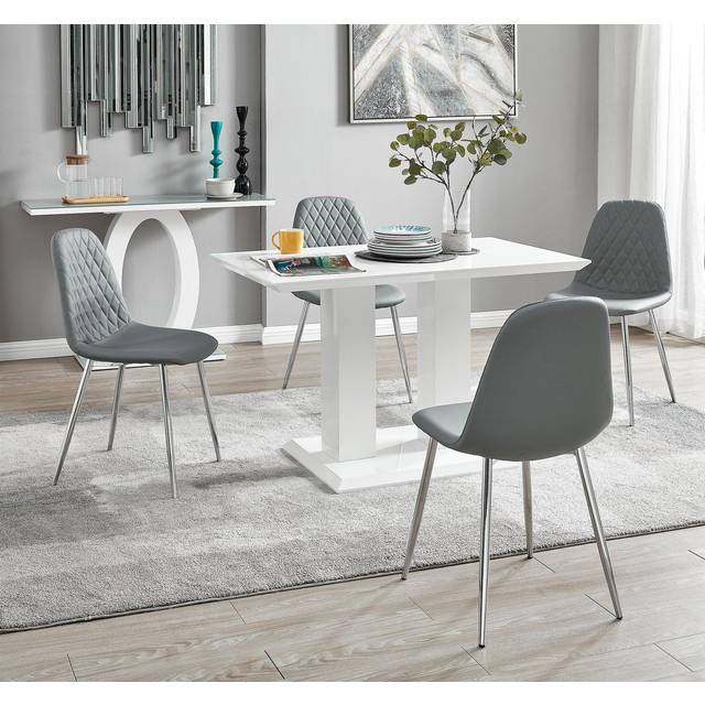 Imperia 4 Modern White High Gloss Dining Table and 4 Corona Silver Chairs Set - Grey