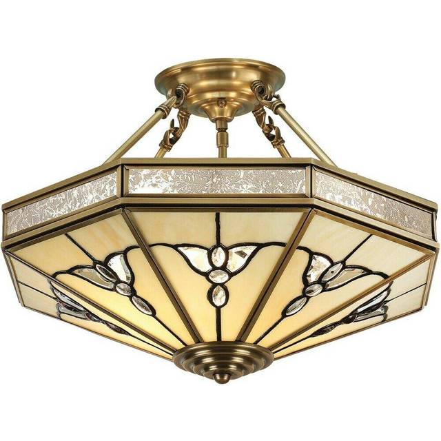 Luxury Semi Flush Ceiling Light Antique Brass & Tiffany Stained Glass Pattern