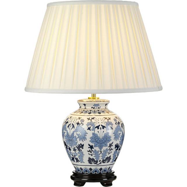 Table Lamp Oriental Wooden Base Ivory Box Pleat Shade Blue/White LED E27 60w