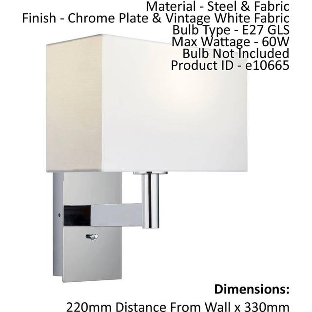 Wall Light & Shade Chrome Plate & Vintage White Fabric 60W E27 GLS e10665