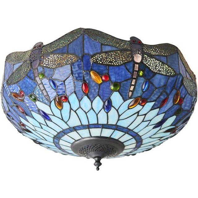 Tiffany Glass Semi Flush Ceiling Light Blue Dragonfly Inverted Shade i00044