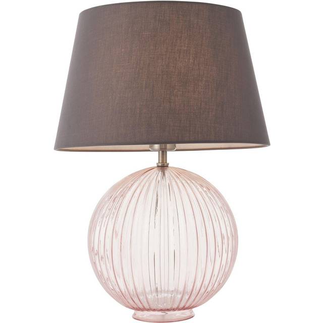 Table Lamp Dusky Pink Ribbed Glass & Charcoal Grey Cotton 40W E27 GLS