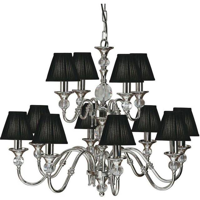 Diana Ceiling Pendant Chandelier Bright Nickel & Black Pleat Shade 12 Lamp Light