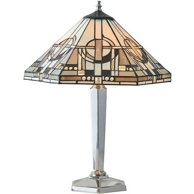 Tiffany Glass Table Lamp Light Polished Aluminium & Art Deco Hex Shade i00218