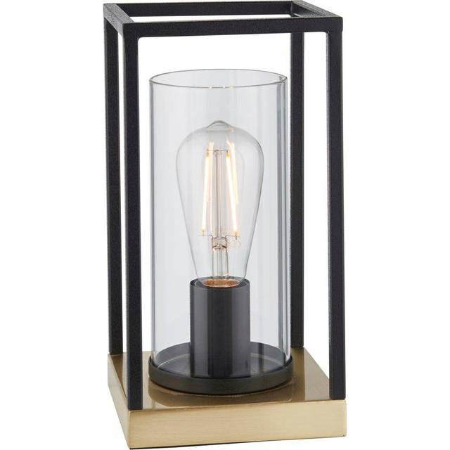 Matt Black Industrial Framed Table Lamp Light & Glass Shade - Satin Brass Base