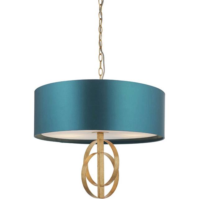 Antique Gold Ceiling Pendant Light & Teal Satin Shade - 3 Bulb Hanging Fitting