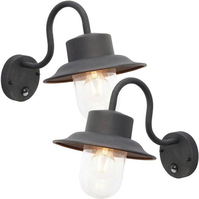 2 PACK IP44 Outdoor Wall Lamp Black Steel Fisherman PIR Lantern Porch Curved