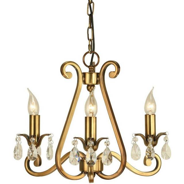 Esher Ceiling Pendant Chandelier Antique Brass & Crystal Curved 3 Lamp Light