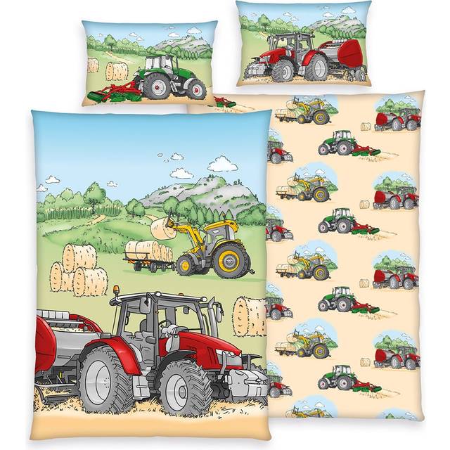 Herding Traktor Bettwäsche-Set, Made IN Green by Oeko TEX, Kopfkissenbezug ca. 40 x 60 cm, Bettbezug ca. 135 x 100 cm, Mit Knopfverschluss, 100% Baumwolle/Flanell, Weiß/Beige