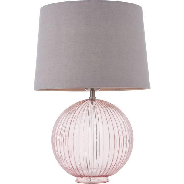 Table Lamp Dusky Pink Ribbed Glass & Charcoal Linen 40W E27 Bedside Light