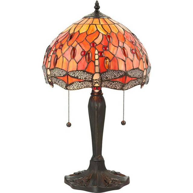 Tiffany Glass Table Lamp Light Dark Bronze Base & Orange Dragonfly Shade i00196
