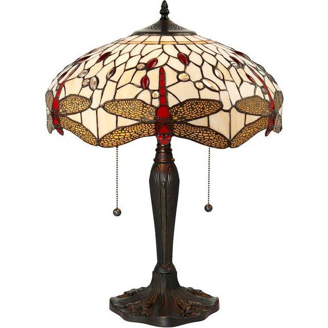 Tiffany Glass Table Lamp Light Dark Bronze & Cream Red Dragonfly Shade i00188