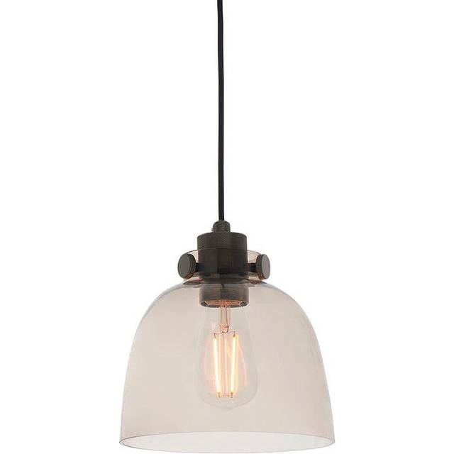 Industrial Ceiling Pendant Light Fitting - Matt Black & Smoked Grey Glass