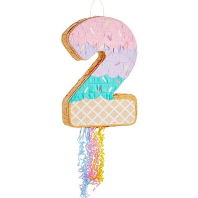 BLUE PANDA Pull String Number 2 Ice Cream Pinata for Two Sweet Birthday Decorations (16.5 x 11.5 x 3 In)