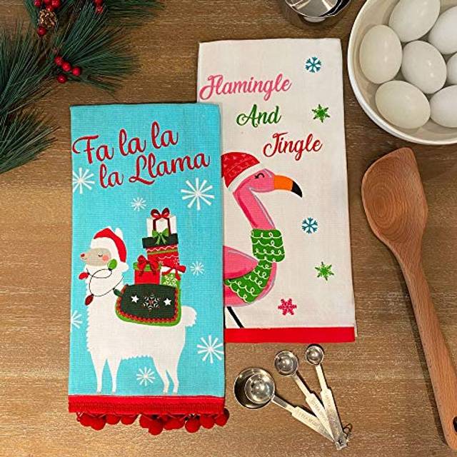 Elrene Home Fashions Pom Jingle Cotton Christmas Holiday Kitchen Dish Hand Towels  Set of 2  16 in x 26 in  FA La Llama & Flamingle