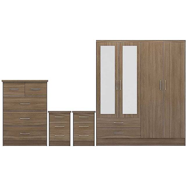 Nevada Rustic Oak 4 Door 2 Drawer Mirrored Wardrobe Bedroom Set