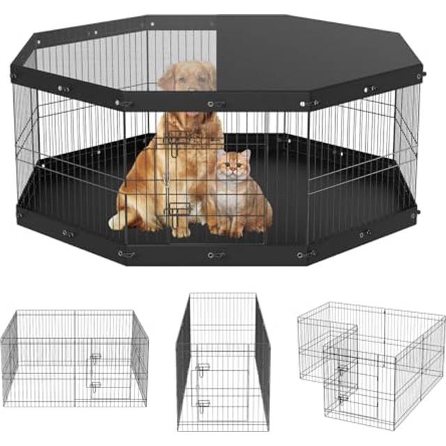Mophorn - vevor Dog Playpen, 8 Panels Foldable Metal Dog Exercise Pen with Top Cover and Bottom Pad, 24' h Pet Fence Puppy Crate Kennel, Indoor