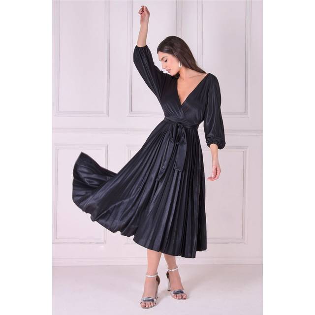 Goddiva Satin Pleated Skirt Wrap Midi Dress - Black - 8