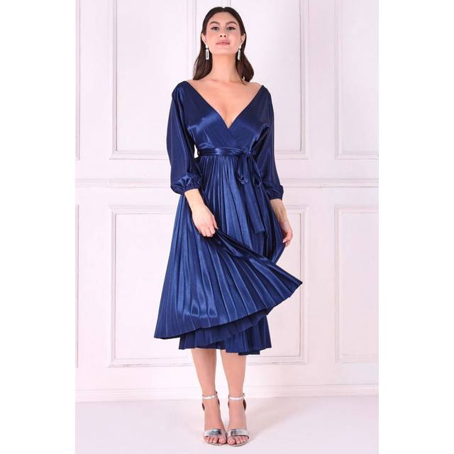 Satin Pleated Skirt Wrap Midi Dress - Navy by Goddiva - 10