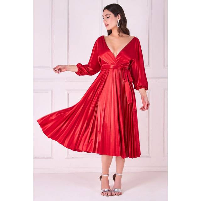 Satin Pleated Skirt Wrap Midi Dress - Red by Goddiva - 10