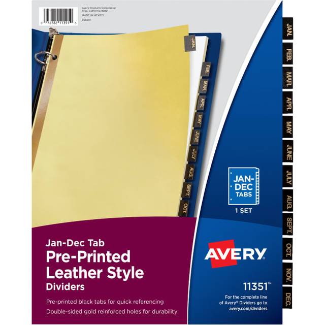 Avery Jan-Dec Dividers for 3 Ring Binders  12-Tab Set  Pre-Printed Black Leather Tabs  1 Binder Divider Set (11351)