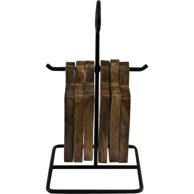 Set Of 6 Mango Wood Coasters On Metal Stand