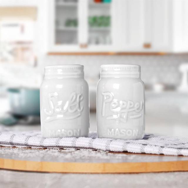 Ceramic Vintage Mason Jar Salt & Pepper Shakers White | M&W