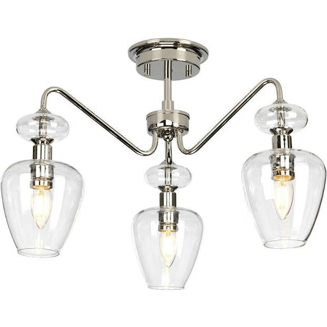 3 Bulb Semi Flush Light Highly Polished Nickel Clear Glass Shades LED E14 40W