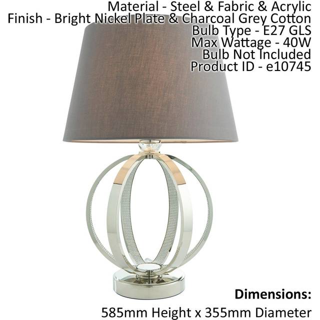 Table Lamp Bright Nickel & Charcoal Grey Cotton 40W E27 Bedside Light