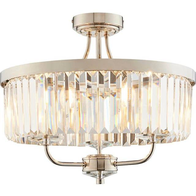 Bright Nickel Semi Flush Ceiling Light with Clear Cut Glass 3 Bulb Low Hanging