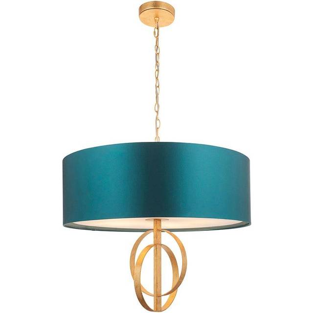 Antique Gold Ceiling Pendant Light & Teal Satin Shade - 5 Bulb Hanging Fitting