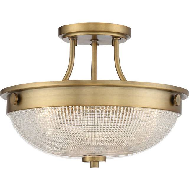2 Bulb Semi Flush UpLight Prismatic Glass Dome Shade Weathered Brass LED E27 60W