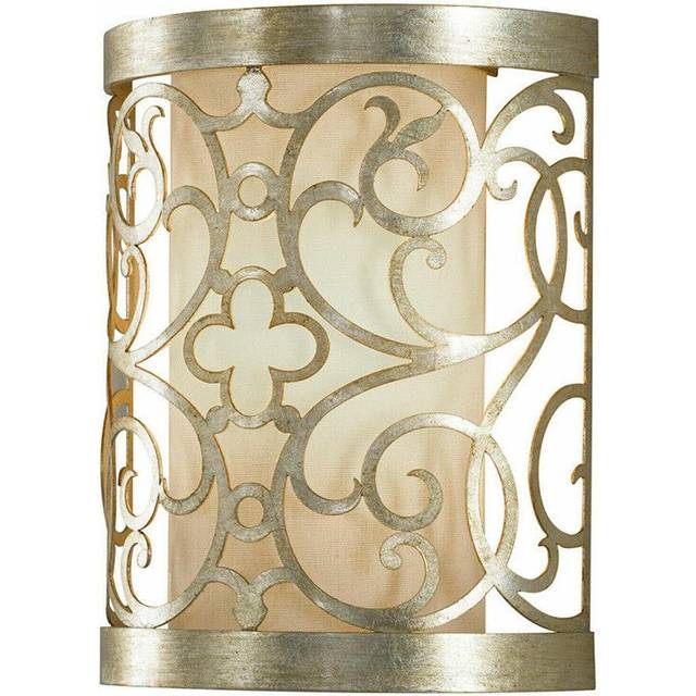 Wall Light Laser Cut Scrolls Ivory Linen Shade Silver Leaf Patina LED E14 60W