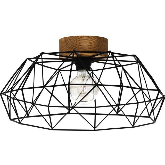 Semi Flush Ceiling Light Black Steel Cage Shade & Wood 1 x 60W E27 Bulb
