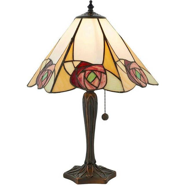 Tiffany Glass Table Lamp Light Dark Bronze & Art Deco Red Rose Shade i00206