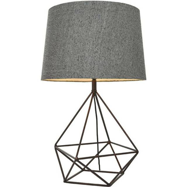 Geometric Frame Table Lamp Aged Copper & Grey Fabric Shade Bedside Feature Light