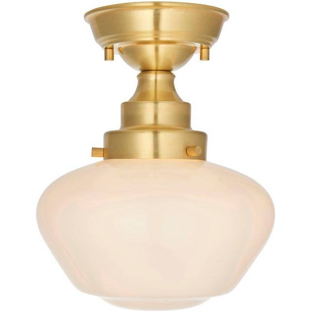 Antique Brass Semi Flush Ceiling Light Fitting & Opal Glass Shade Low Profile