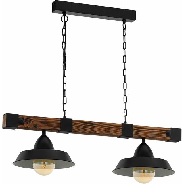 Hanging Ceiling Pendant Light Black & Rustic Wood 2 Bulb Kitchen Island Dining