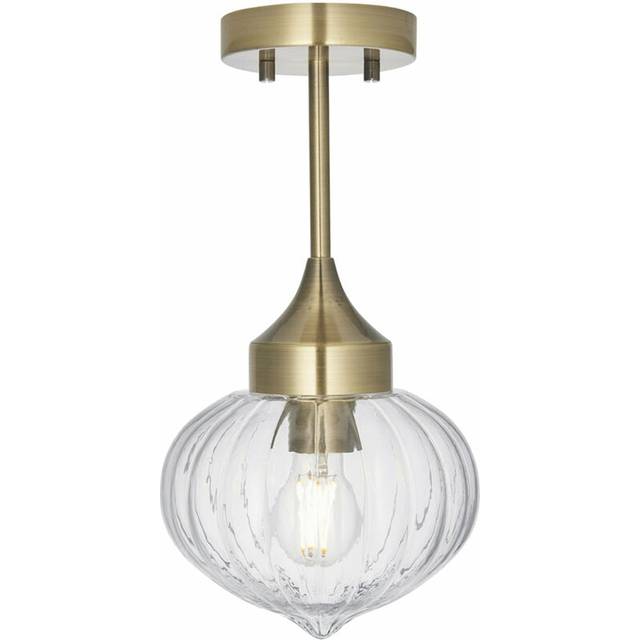 Semi Flush Ceiling Light Fitting - Antique Brass Plate & Ribbed Glass Shade