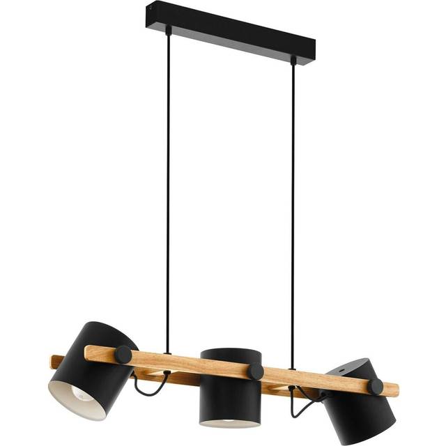 Hanging Ceiling Pendant Light Black & Wood Adjustable Spots 3 x 60W E27 Bulb