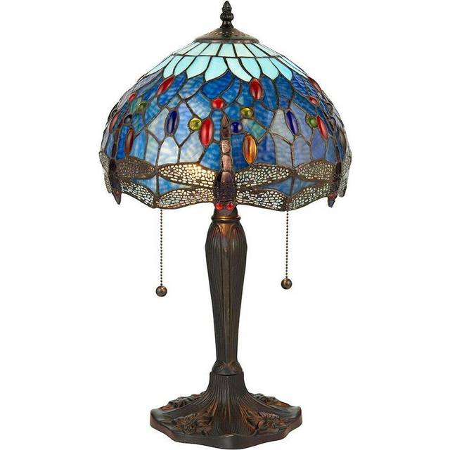 Tiffany Glass Table Lamp Light Dark Bronze Base & Blue Dragonfly Shade i00193