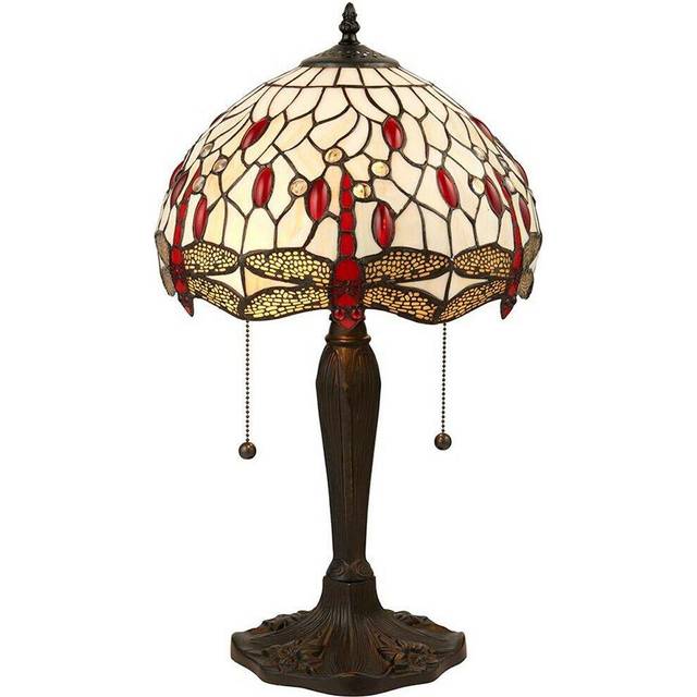 Tiffany Glass Table Lamp Light Dark Bronze & Cream Red Dragonfly Shade i00189