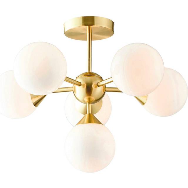 Semi Flush Ceiling Light Satin Brass Plate & Gloss White Glass 6 x 18W G9