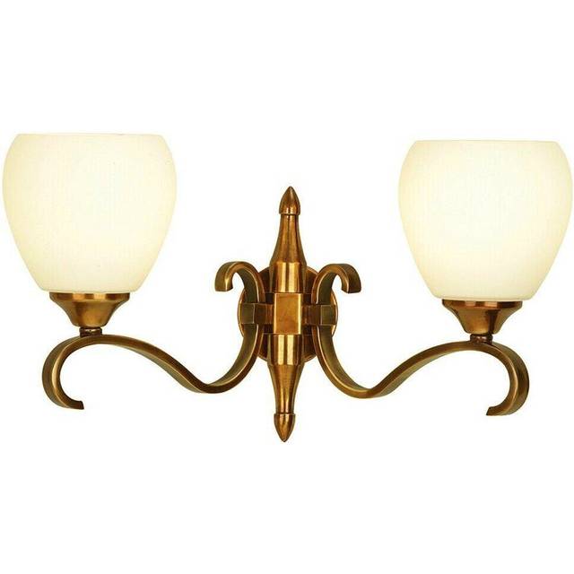 Luxury Traditional Twin Arm Wall Light Antique Brass Opal Glass Shade Dimmable