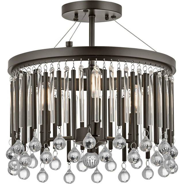 3 Bulb Semi Flush Light Black Metal Rods/Clear Glass Tubes Beads LED E14 60W