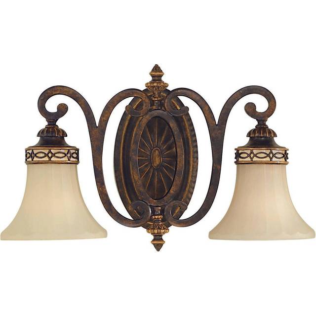 Twin Wall Light Detailed Back Plate Glass Shades Walnut Finish LED E27 100W