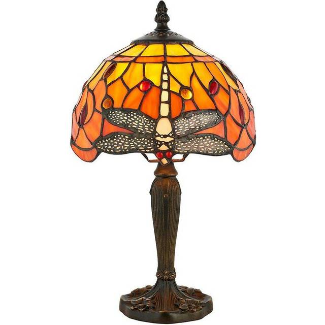 Tiffany glass table lamp light dark bronze base & orange dragonfly shade i00195