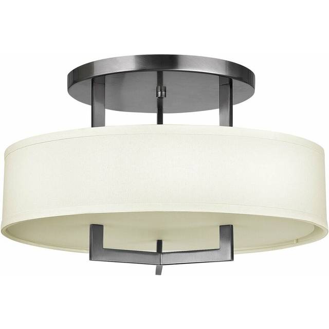 3 Bulb Semi Flush Light Off White Linen Drum Shade Antique Nickel LED E27 75W