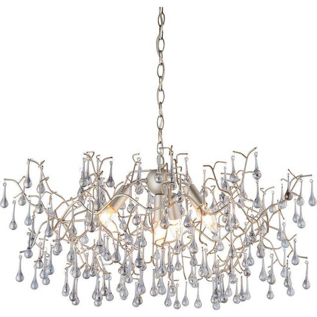 Mutli Arm Ceiling Pendant Light Fitting - Aged Silver & Glass Teardrop Details